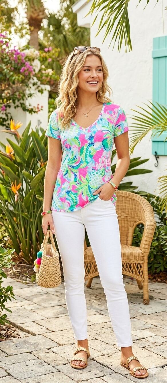 Lilly Pulitzer Pink Green Floral Cotton Top XS